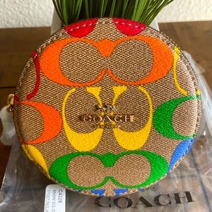 Coach Round Coin Purse - Rainbow Signature Canvas